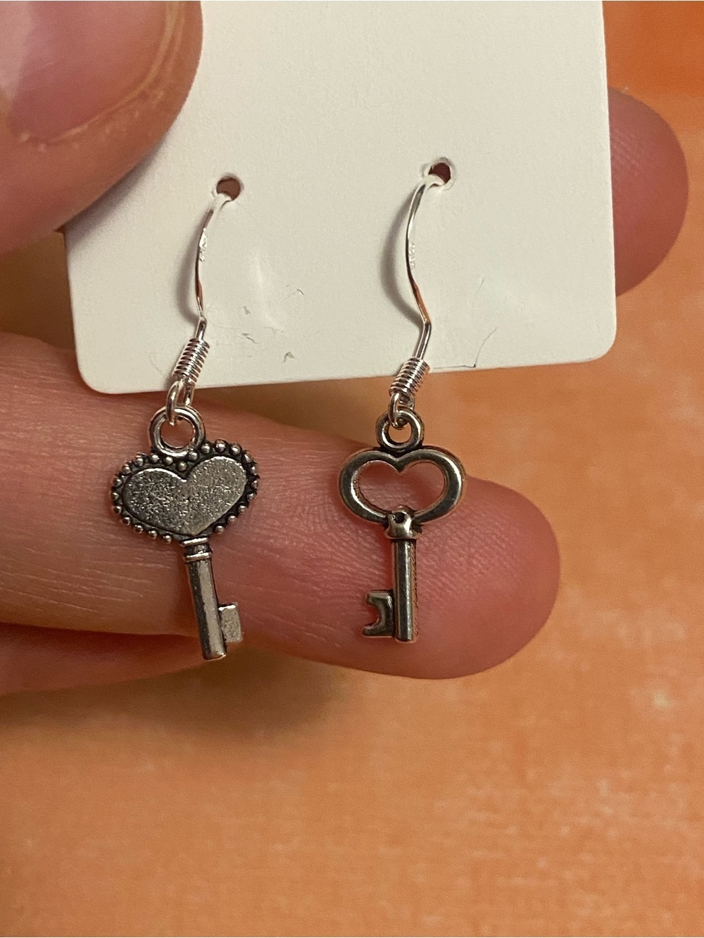 Silver Heart Key Dangle Earrings - Women's Silver Tone